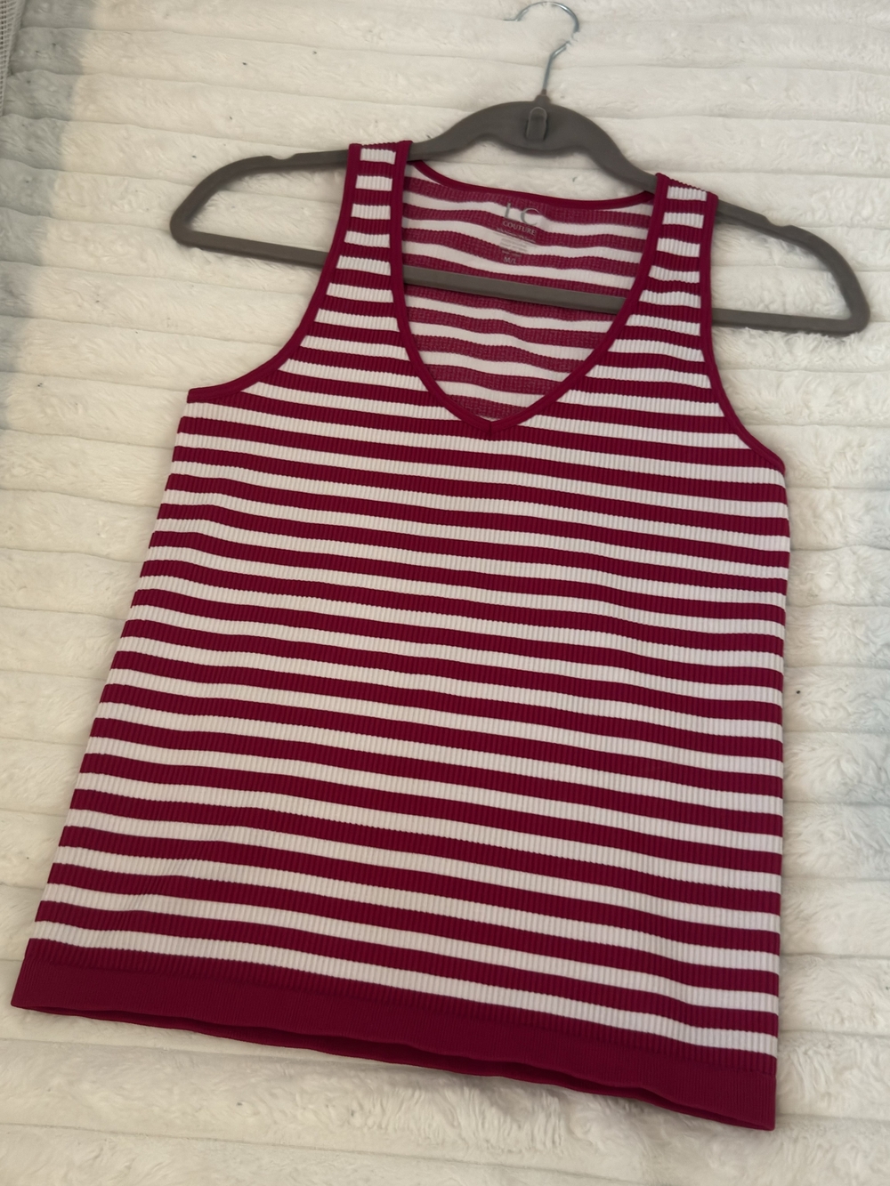 Striped V-Neck Knit Tank Top - Pink & White